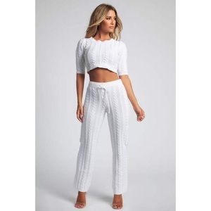 Meshki Poppy Cable Knit Fitted Cropped Top & Myra Wide Leg Pants in Cream